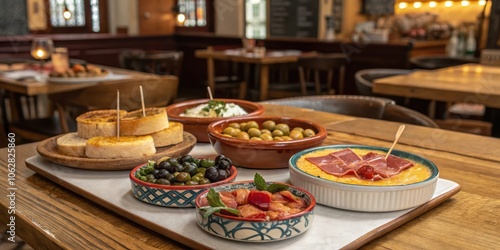 A rustic wooden table adorned with a delectable assortment of tapas, including savory slices of cured meat, olives, and toasted bread, creating an inviting culinary experience.