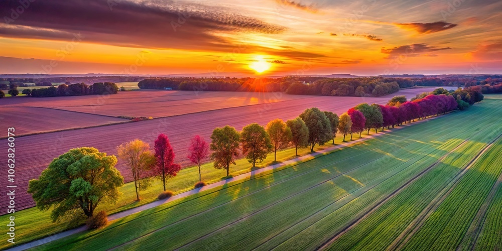 Golden Hour Sunset Over Field and Trees - Aerial View Golden Hour Sunset Over Field and Trees - Aerial View