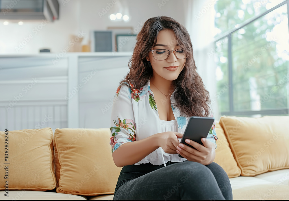 Happy and smiling young Latina woman sitting on a sofa holding her smartphone in a brightly lit beautiful livingroom with a bokeh background Happy and smiling young Latina woman sitting on a sofa holding her smartphone in a brightly lit beautiful livingroom with a bokeh background