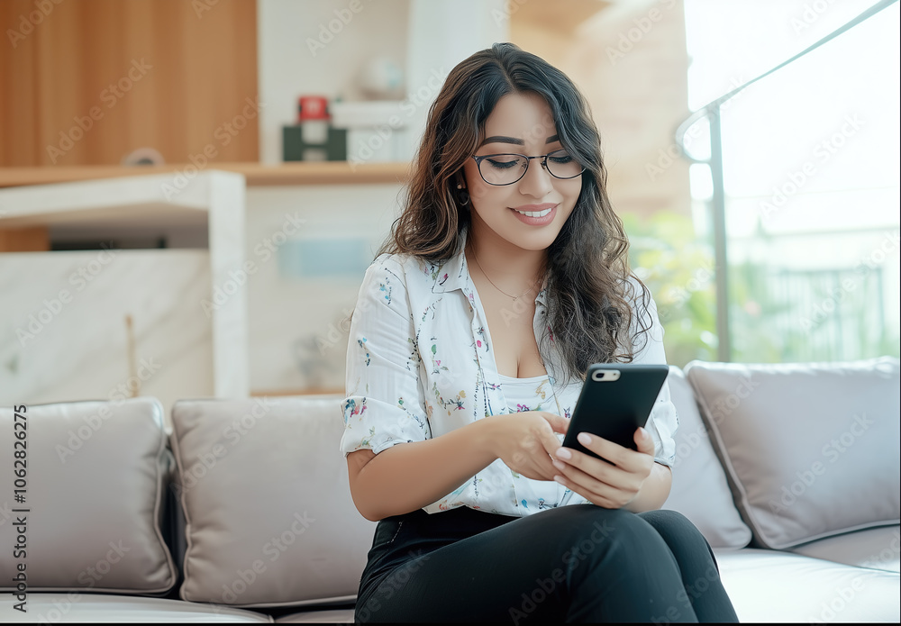 Happy and smiling young Latina woman sitting on a sofa holding her smartphone in a brightly lit beautiful livingroom with a bokeh background Happy and smiling young Latina woman sitting on a sofa holding her smartphone in a brightly lit beautiful livingroom with a bokeh background