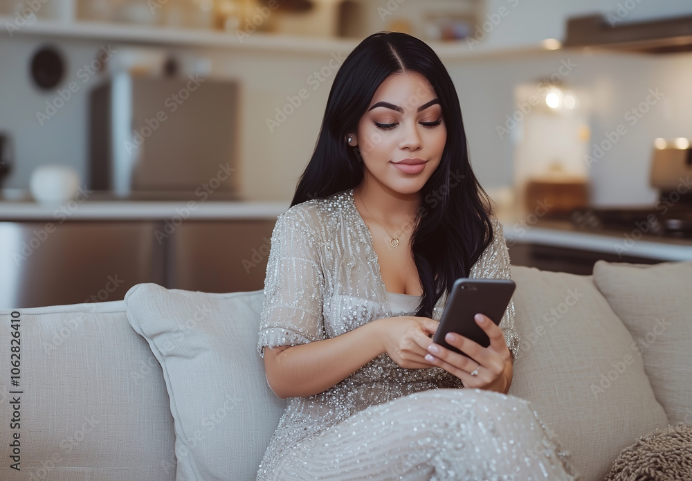 Happy and smiling young Latina woman sitting on a sofa holding her smartphone in a brightly lit beautiful livingroom with a bokeh background Happy and smiling young Latina woman sitting on a sofa holding her smartphone in a brightly lit beautiful livingroom with a bokeh background