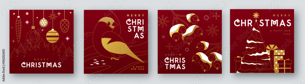 Naklejka premium Set of Merry Christmas and Happy New Year line art greeting cards, covers or posters with holiday attributes. Christmas background. Vector illustration
