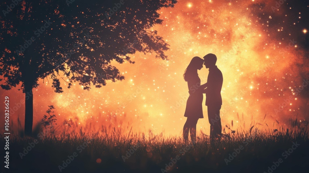 A romantic silhouette of a couple under a starry sky, surrounded by glowing cosmic effects and nature, evoking feelings of love and togetherness. A romantic silhouette of a couple under a starry sky, surrounded by glowing cosmic effects and nature, evoking feelings of love and togetherness.