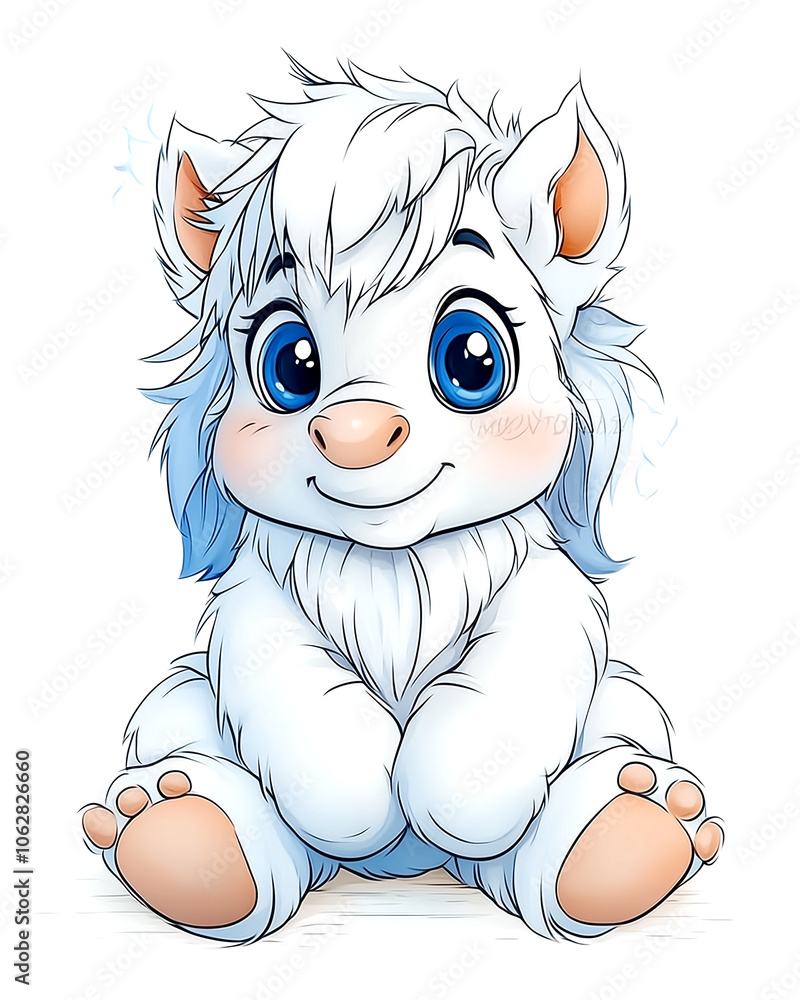 Obraz premium A cute white animal with blue eyes is sitting on a white background. The animal has a big smile on its face, and it looks like it's enjoying itself