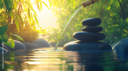 Tranquil meditation scene of a pond with zen like stack of stones and water falling with background sunlight photo