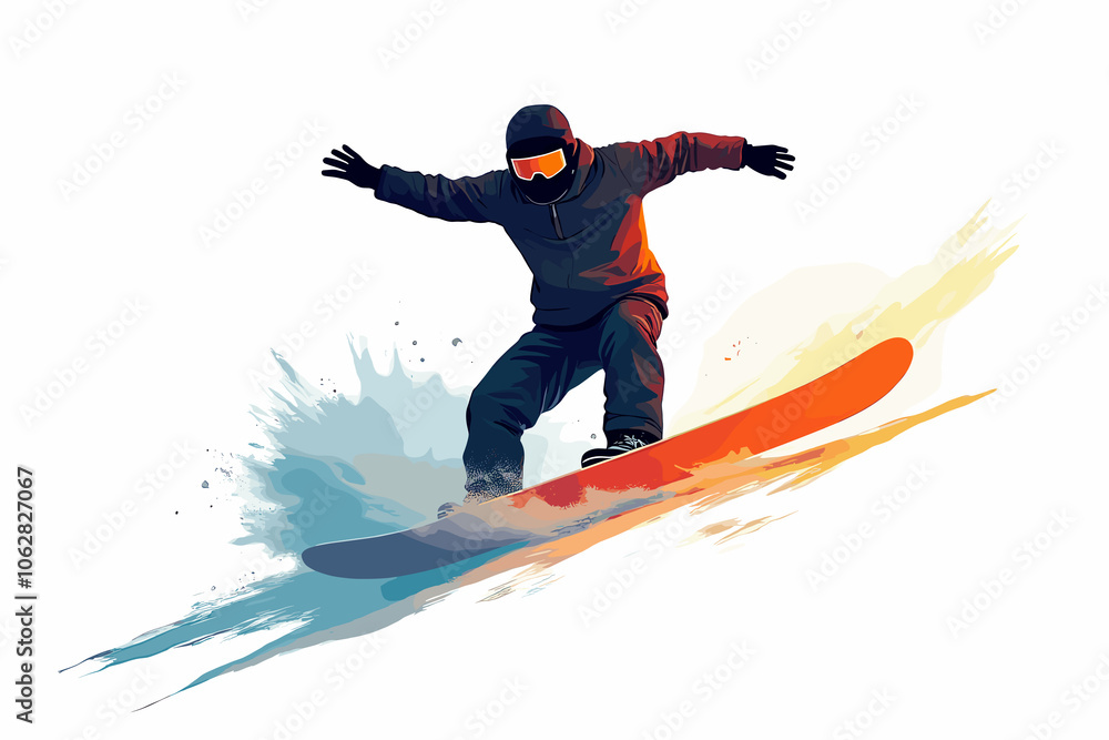 Naklejka premium Dynamic Snowboarder Gliding Through Vibrant Snowy Landscape in Action Pose