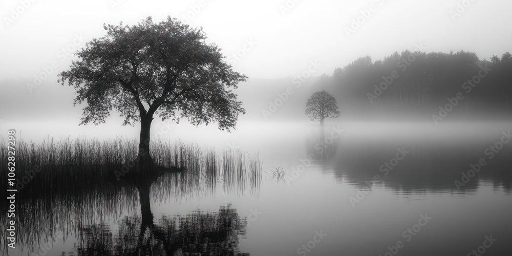 Fototapeta premium A Single Tree Stands Tall in a Misty Lake Landscape
