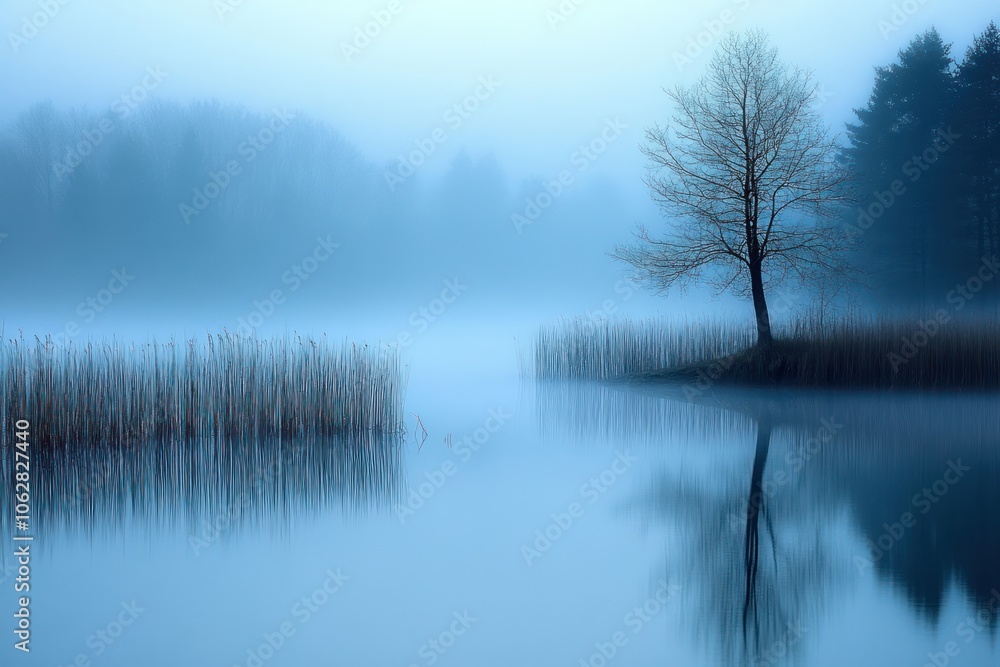 A Single Bare Tree Silhouetted Against a Foggy Lake A Single Bare Tree Silhouetted Against a Foggy Lake
