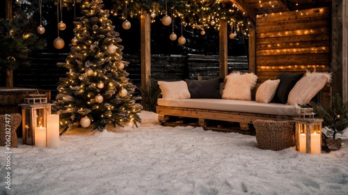 Outdoor Christmas tree decorated with handmade ornaments, surrounded by snow, magical and rustic holiday vibe, peaceful winter evening photo