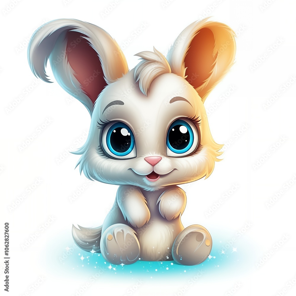 Cute white bunny rabbit with big blue eyes sitting on a blue and white background.