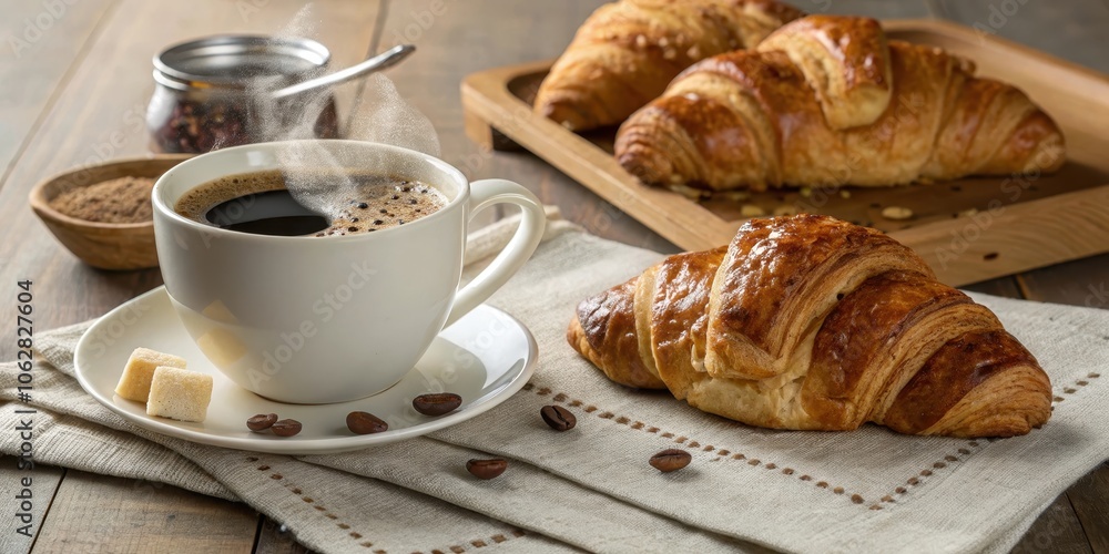 A steaming cup of coffee with sugar cubes and coffee beans, a croissant on a linen napkin, and other croissants on a wooden tray A steaming cup of coffee with sugar cubes and coffee beans, a croissant on a linen napkin, and other croissants on a wooden tray