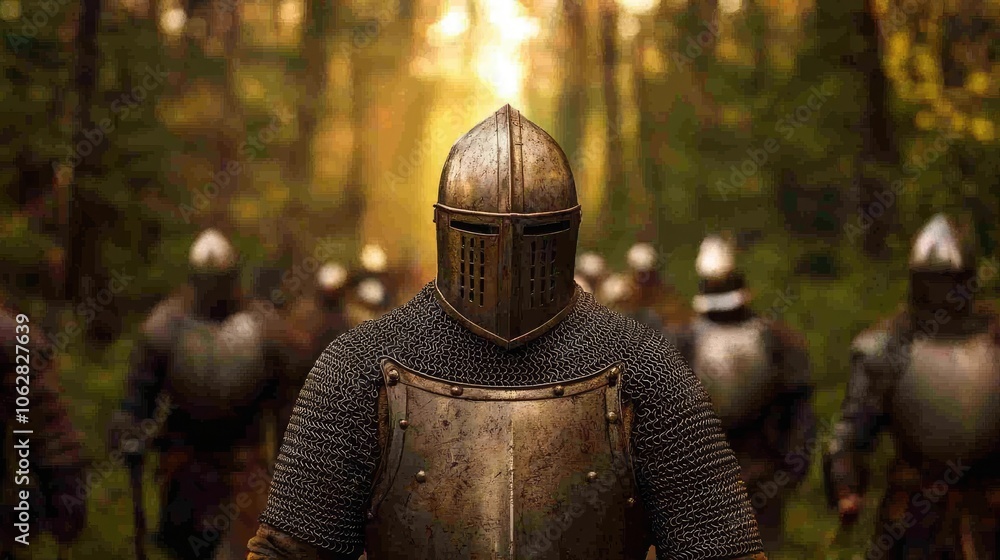 Fototapeta premium Medieval knight in armor leading a group through a sunlit forest.