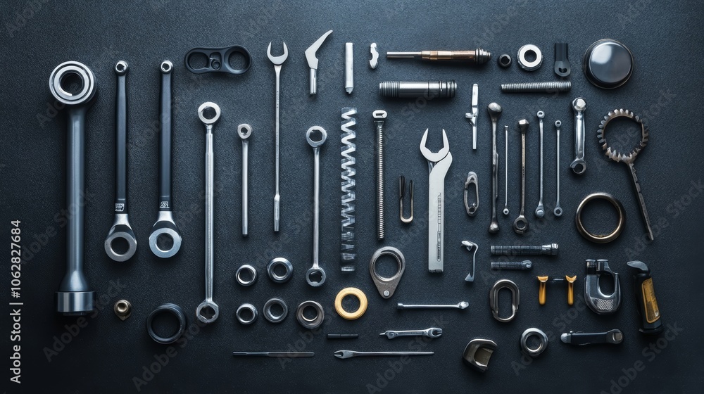 Fototapeta premium Assorted car parts and tools arranged on a dark background.