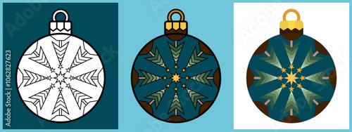 Christmas Ornament Balls with Gold Star Tree topper, Outline Coloring Flat style. Vector illustration.