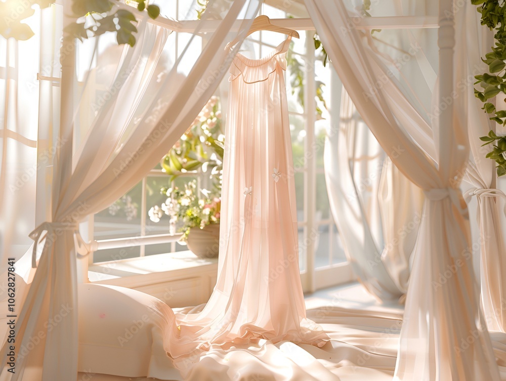 A light chiffon summer dress in soft pink, hanging from a canopy bed in a bright, sunlit room. 40k, full ultra hd, high resolution A light chiffon summer dress in soft pink, hanging from a canopy bed in a bright, sunlit room. 40k, full ultra hd, high resolution