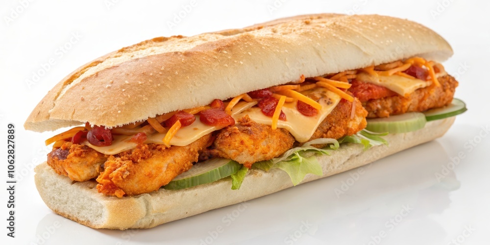 A crispy chicken and cheese sandwich with shredded carrots and a hint of sauce on a toasted hoagie roll A crispy chicken and cheese sandwich with shredded carrots and a hint of sauce on a toasted hoagie roll