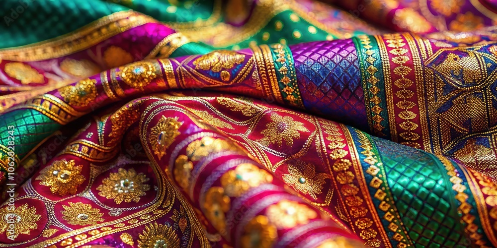 Indian Silk Fabric Close-up - Vibrant Patterns and Cultural Elegance Indian Silk Fabric Close-up - Vibrant Patterns and Cultural Elegance