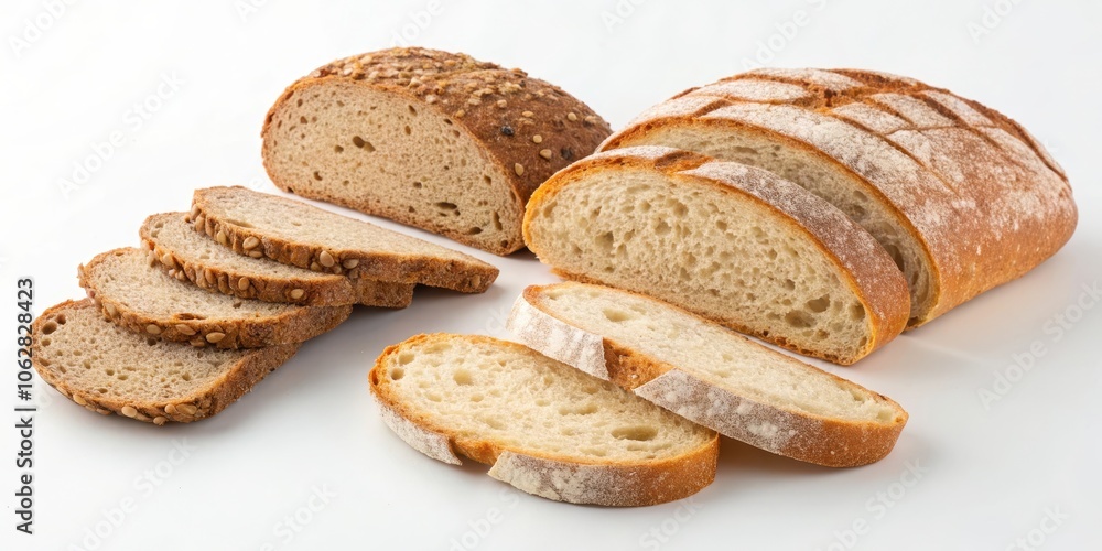 Freshly baked bread slices arranged on a white surface, showcasing both multigrain and white varieties Freshly baked bread slices arranged on a white surface, showcasing both multigrain and white varieties