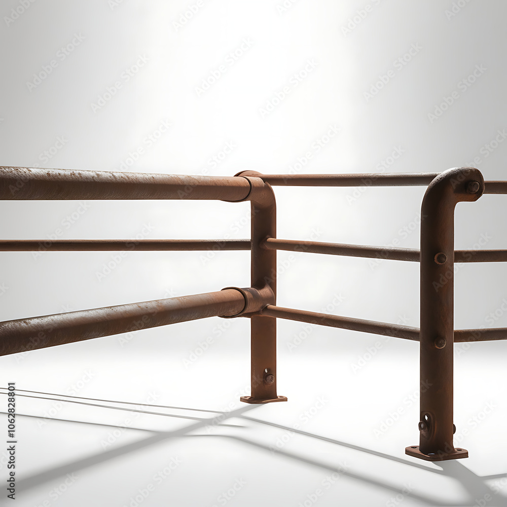 A rusty metal guardrail is centered and prominently displayed against a pristine white or transparent background, with a subtle gradient effect to enhance its three-dimensional appearance A rusty metal guardrail is centered and prominently displayed against a pristine white or transparent background, with a subtle gradient effect to enhance its three-dimensional appearance