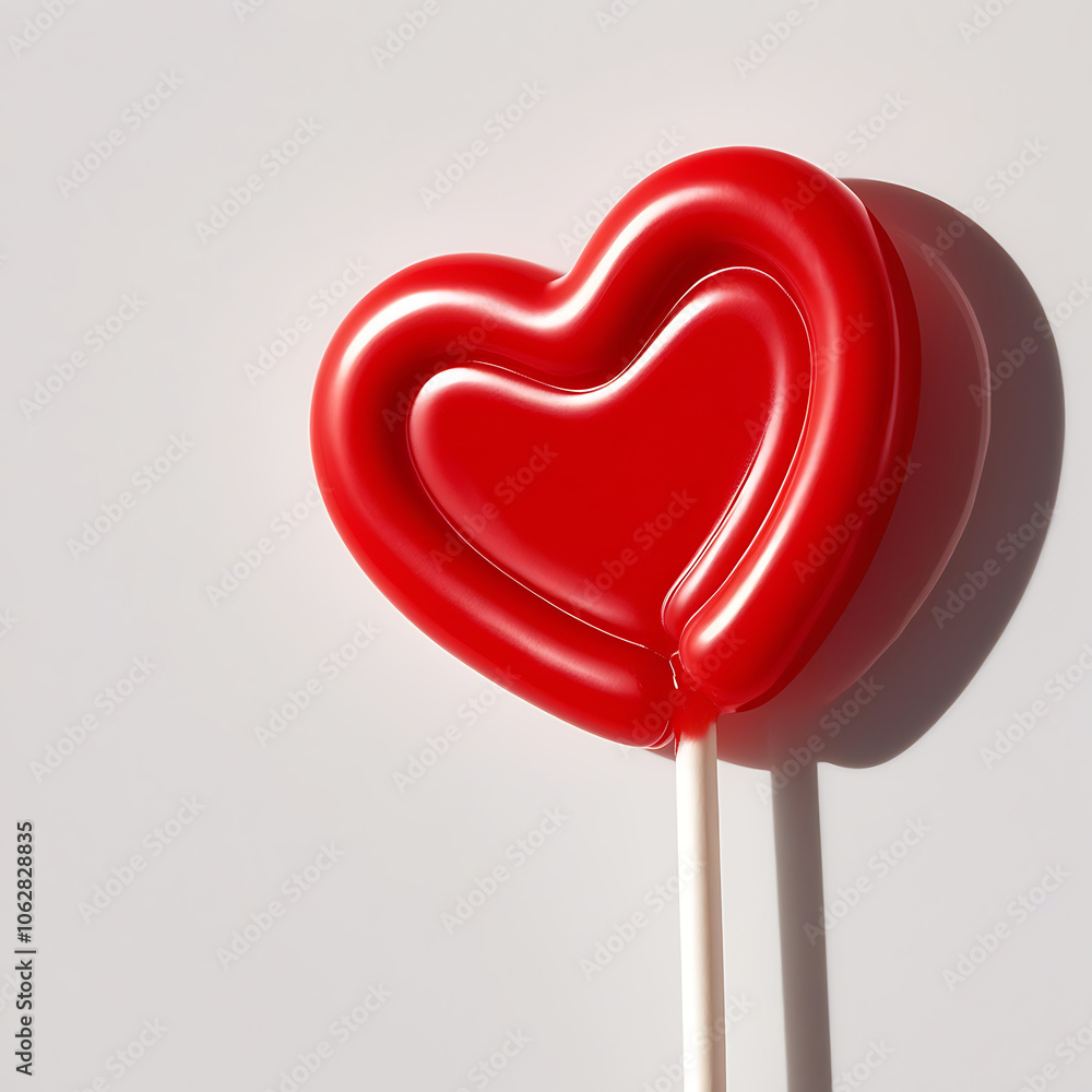 A vibrant, bold, bright red heart-shaped lollipop with a glossy finish, isolated on a crisp white or transparent background, its smooth surface reflecting subtle light A vibrant, bold, bright red heart-shaped lollipop with a glossy finish, isolated on a crisp white or transparent background, its smooth surface reflecting subtle light