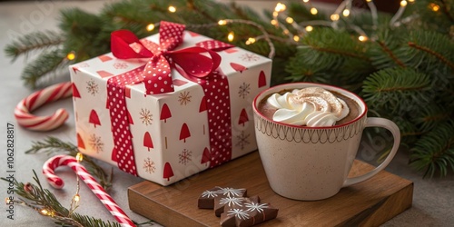 A festive arrangement featuring a wrapped gift, a mug of hot chocolate with whipped cream, and candy canes, all nestled amidst evergreen branches and twinkling lights.