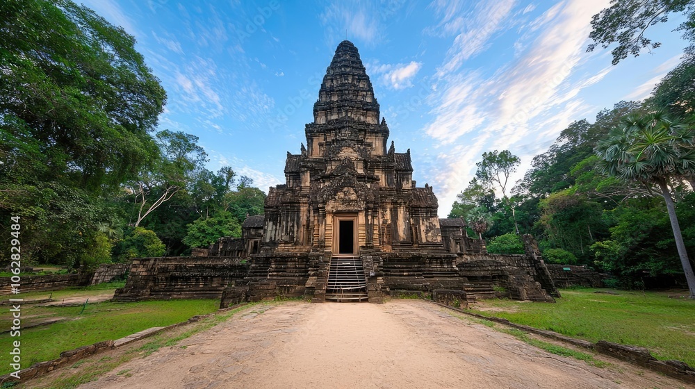 Ancient temple structure surrounded by lush greenery under a blue sky. Ancient temple structure surrounded by lush greenery under a blue sky.