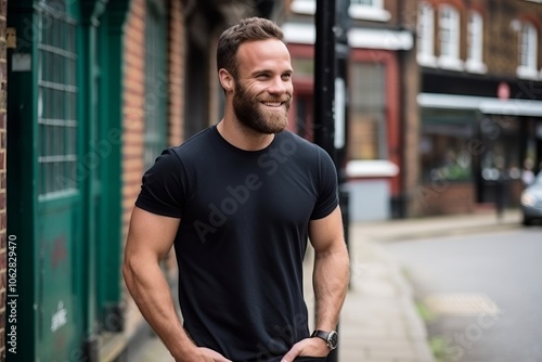 Handsome man in black t-shirt standing on the street