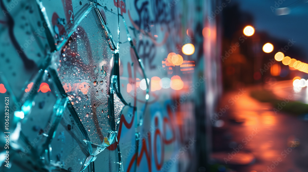 Fototapeta premium A Dark City Street at Night, Dimly Lit and Highlighted by Broken Windows and Graffiti on the Walls, Capturing the Essence of Urban Violence Through a Shallow Depth of Field That Emphasizes the Damaged