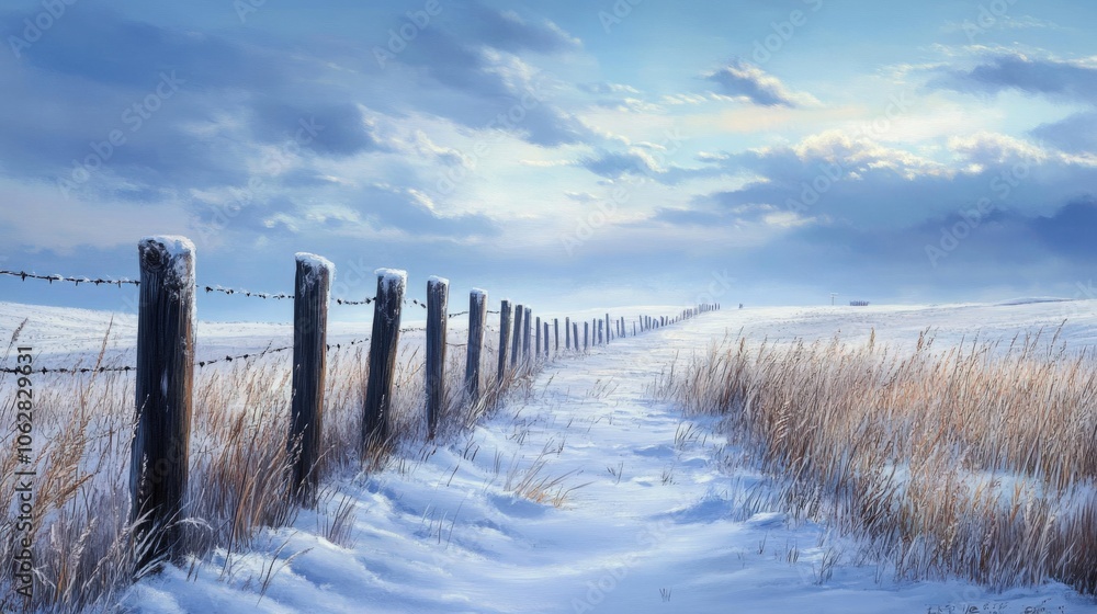 Snowy Field With Barbed Wire Fence And Path Snowy Field With Barbed Wire Fence And Path