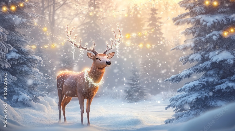 Enchanting Winter Scene: Majestic Deer with Frosty Antlers among Snowy Pine Trees Adorned with Fairy Lights Enchanting Winter Scene: Majestic Deer with Frosty Antlers among Snowy Pine Trees Adorned with Fairy Lights