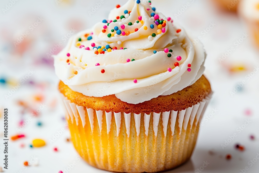 Vanilla cupcake with white frosting and colorful sprinkles on a white background. Vanilla cupcake with white frosting and colorful sprinkles on a white background.