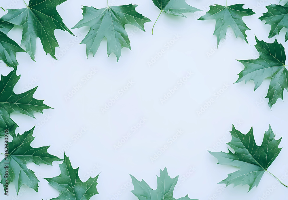 Naklejka premium Green maple leaves frame the white background with copy space for text, a flat lay top view.