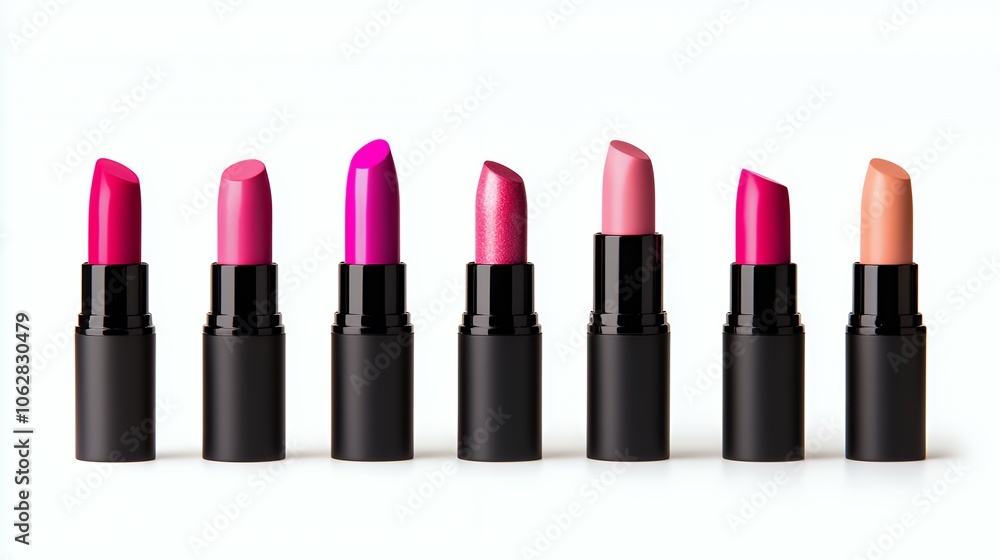 A row of seven lipsticks in various shades of pink, red and nude on a white background. A row of seven lipsticks in various shades of pink, red and nude on a white background.