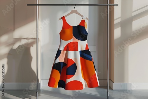 A sleeveless summer dress with bold, geometric patterns, hanging on a sleek metal rack in a minimalist room. 40k, full ultra hd, high resolution