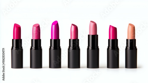 A row of seven lipsticks in various shades of pink, red and nude on a white background.