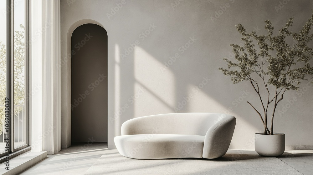 Serene Modern Living Room: A stylish off-white curved sofa bathed in sunlight, complemented by a minimalist potted plant and arched doorway, creating a calm and sophisticated atmosphere. Serene Modern Living Room: A stylish off-white curved sofa bathed in sunlight, complemented by a minimalist potted plant and arched doorway, creating a calm and sophisticated atmosphere.