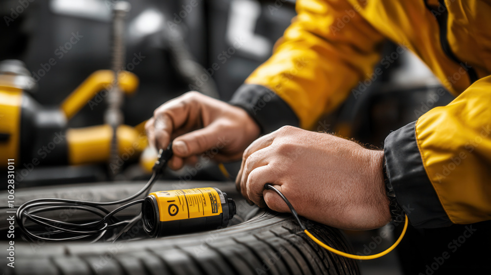 Close up of mechanic hands working on tire pressure monitor, adjusting wires and ensuring proper functionality. focus is on precision and attention to detail Close up of mechanic hands working on tire pressure monitor, adjusting wires and ensuring proper functionality. focus is on precision and attention to detail