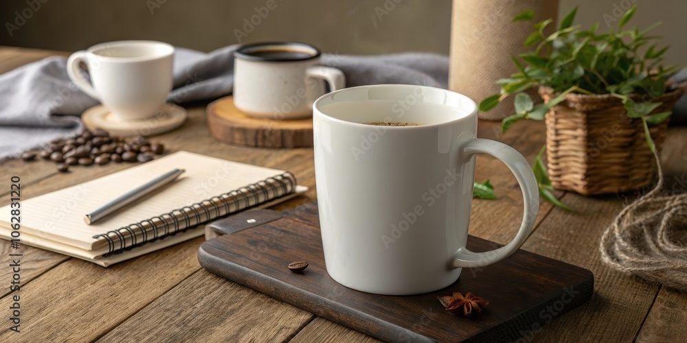 A warm cup of coffee rests on a wooden board, surrounded by a notebook, a pen, and a scattering of coffee beans, capturing the essence of a cozy and inviting atmosphere. A warm cup of coffee rests on a wooden board, surrounded by a notebook, a pen, and a scattering of coffee beans, capturing the essence of a cozy and inviting atmosphere.