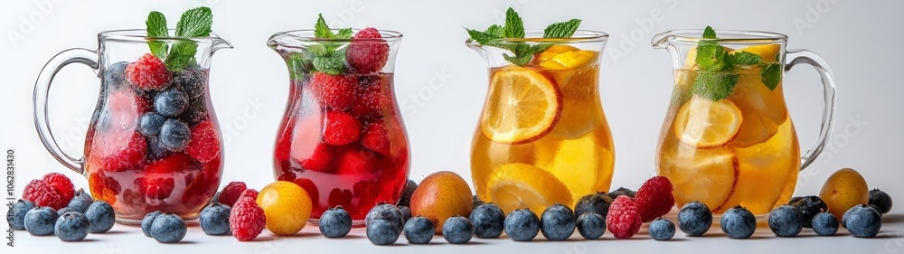 Refreshing fruit-infused beverages in glass pitchers, vibrant berries and citrus slices, garnished with mint leaves, perfect for summer gatherings and celebrations. Refreshing fruit-infused beverages in glass pitchers, vibrant berries and citrus slices, garnished with mint leaves, perfect for summer gatherings and celebrations.