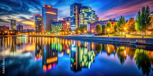 Modern business center, a shimmering mirage reflecting on the tranquil Duero River at night. photo