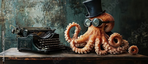A quirky octopus wearing a top hat and monocle at an old-fashioned typewriter.