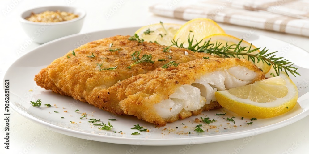 Golden-brown breaded fish fillets, served with lemon wedges and fresh rosemary on a white plate Golden-brown breaded fish fillets, served with lemon wedges and fresh rosemary on a white plate
