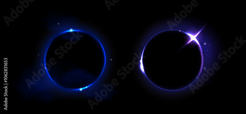 Solar eclipse circles showing moon covering sun on dark background. Glowing purple neon rings with bright luminous effects capture celestial phenomenon. Radiant circular shapes of astronomical event.