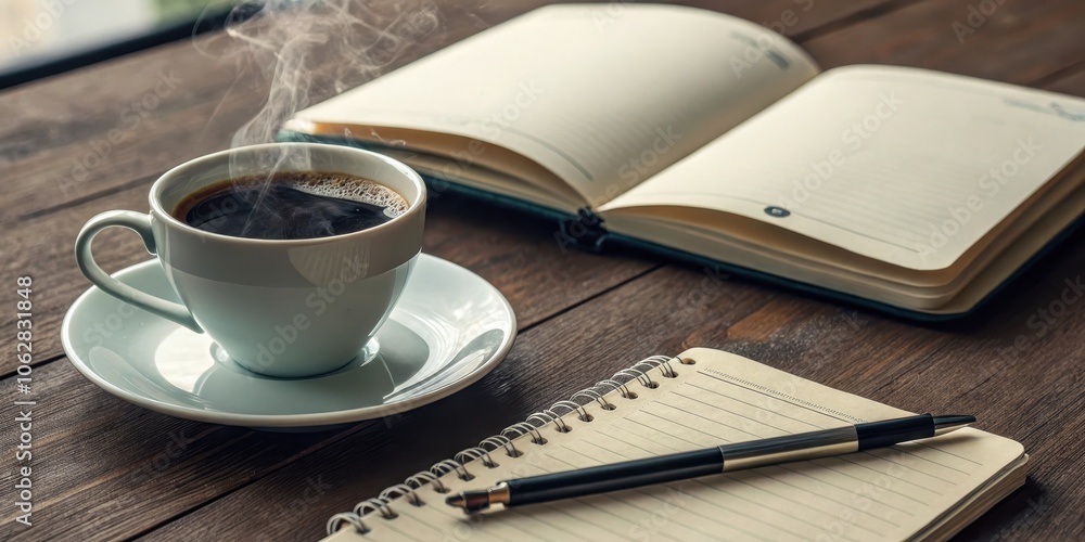 A steaming cup of coffee, a blank notebook, and a pen, ready for writing and reflection A steaming cup of coffee, a blank notebook, and a pen, ready for writing and reflection