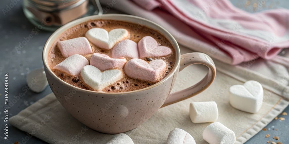 A cozy mug filled with hot chocolate, topped with fluffy heart-shaped marshmallows, waiting to be enjoyed on a chilly day. A cozy mug filled with hot chocolate, topped with fluffy heart-shaped marshmallows, waiting to be enjoyed on a chilly day.