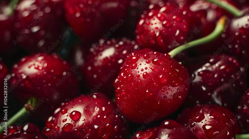 Close-up shot capturing the juiciness and sweetness of ripe cherries Close-up shot capturing the juiciness and sweetness of ripe cherries