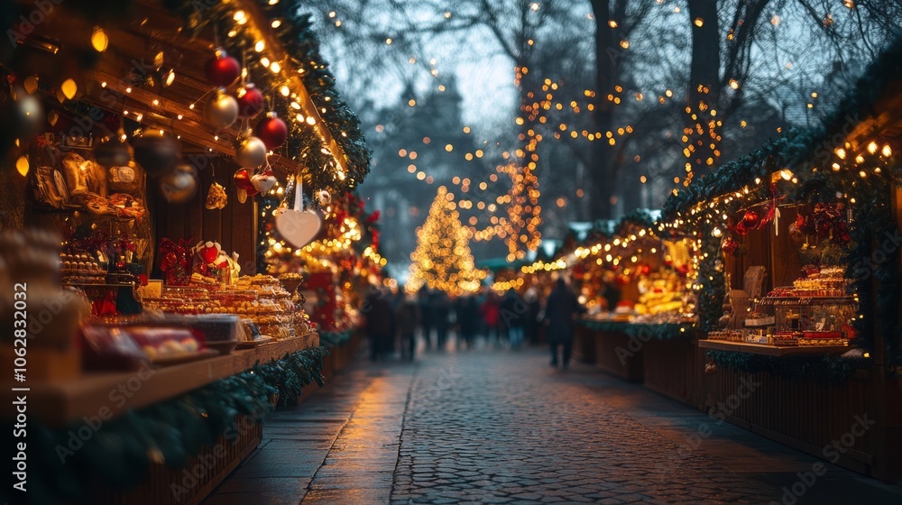 Festive Christmas Market: Vibrant Cobblestone Pathway with Glowing Lights, Red and Gold Ornaments, and Lit Christmas Tree in Cozy, Soft-Focused Background Festive Christmas Market: Vibrant Cobblestone Pathway with Glowing Lights, Red and Gold Ornaments, and Lit Christmas Tree in Cozy, Soft-Focused Background