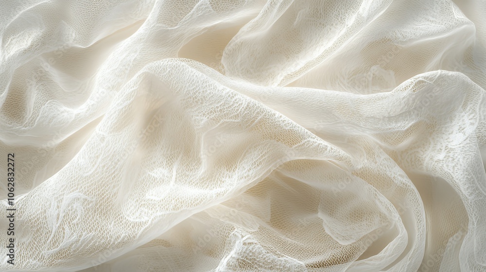 Close-up of white delicate fabric with soft folds. Close-up of white delicate fabric with soft folds.