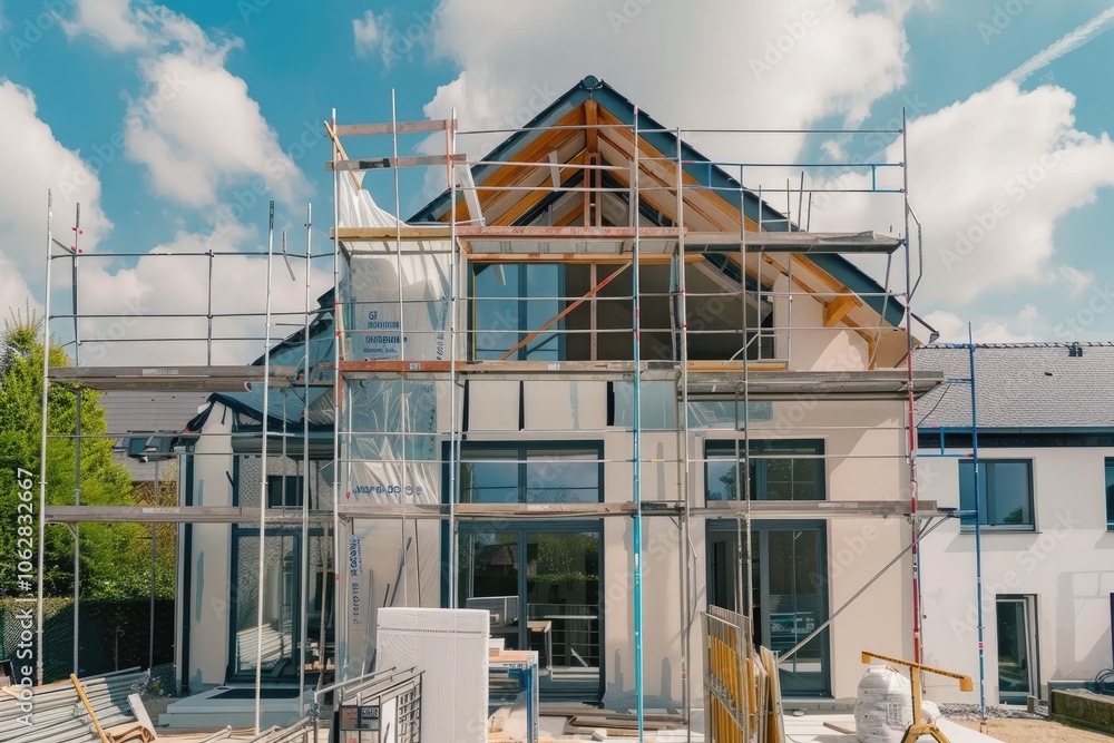 Exterior view of a new house in scaffolding under construction and painting. Exterior view of a new house in scaffolding under construction and painting.