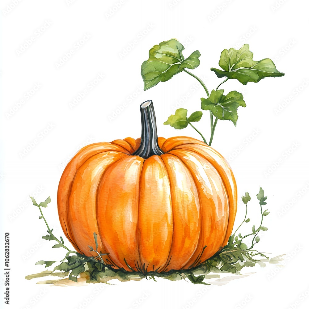 Obraz premium Watercolor illustration of a single orange pumpkin with green leaves and vines.